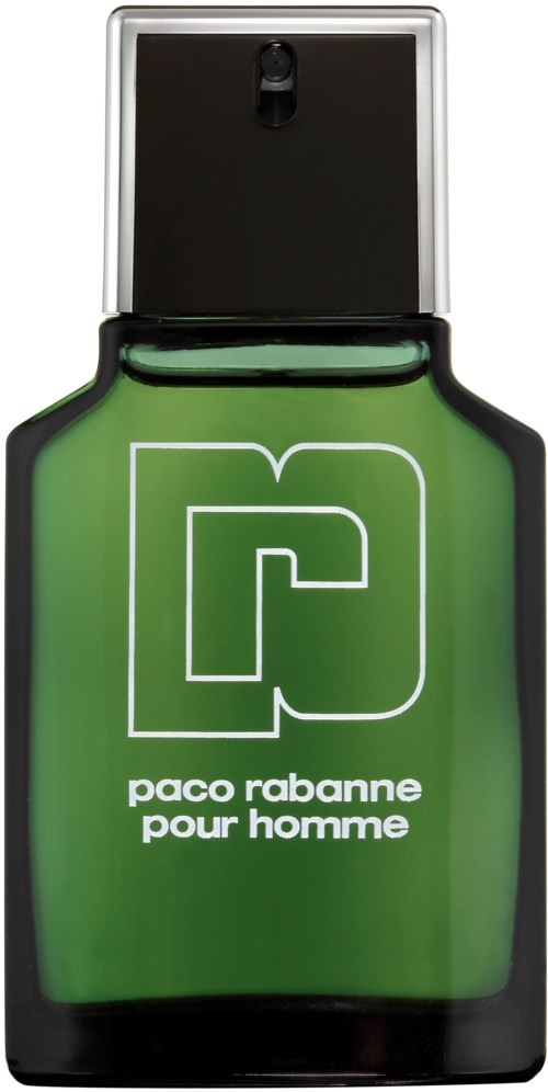 En grön flaska med svart kork, med en logo och text: Paco Rabanne pour homme.