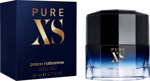 Een parfumfles en doos met 'Pure XS' door Paco Rabanne, zwart en blauw kleuren, elegante verpakking.