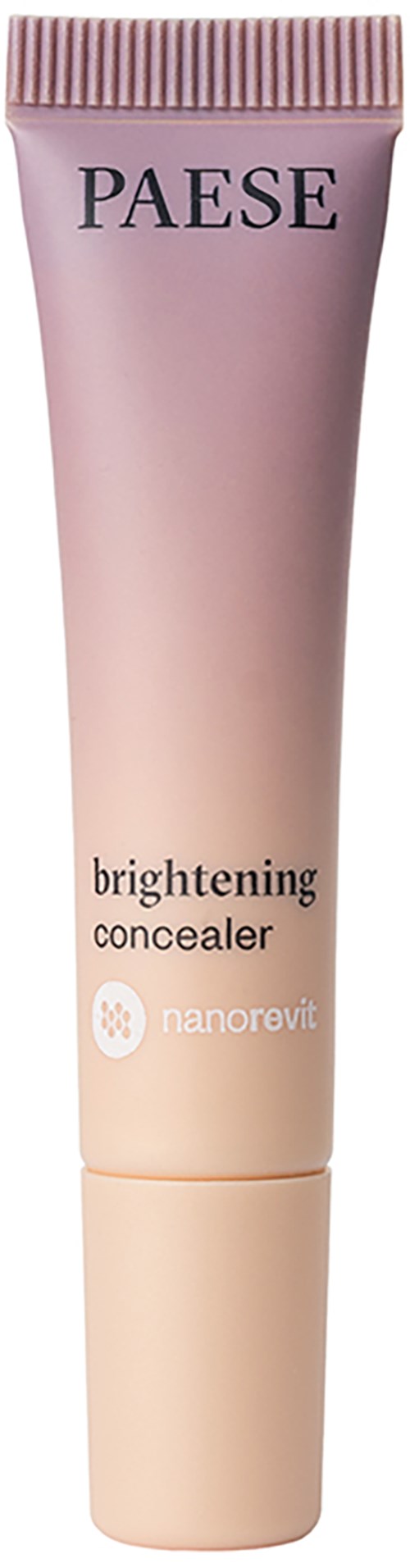 Eine pinke Tube mit der Aufschrift Paese brightening concealer mit nanorevit. Kleine Größe, für Kosmetikauftragung.