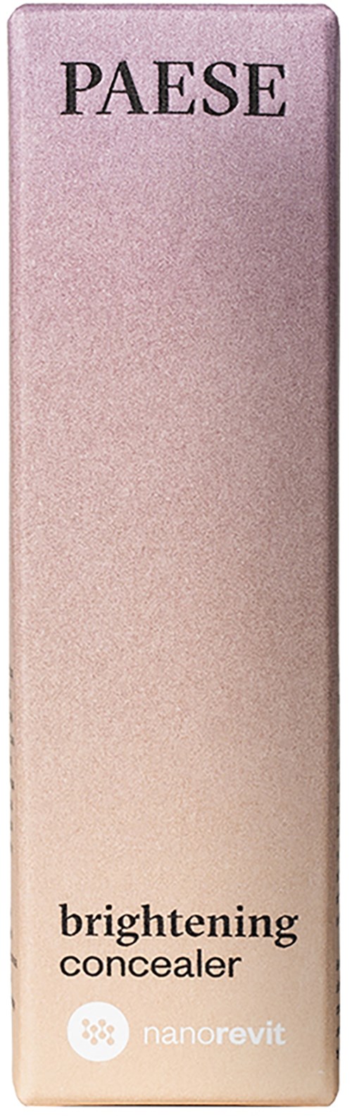 En lång, smal låda med en färggradient från rosa till beige. Den har text: "PAESE," "brightening concealer," och "nanorevit."