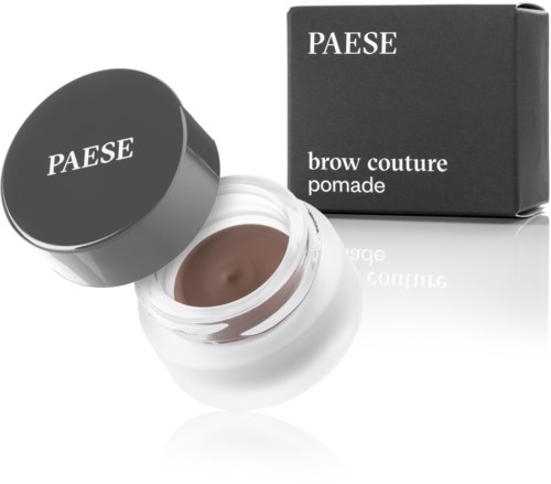 En liten burk med brunt brynpomada och svart förpackningslåda märkta "PAESE" och "brow couture pomade."