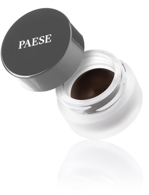 En liten vit burk med mörkbrun substans inuti och ett svart lock med ordet 'PAESE' på.