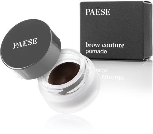 En liten burk med brynpasta med svart lock, och en svart box med texten 'PAESE brow couture pomade.'