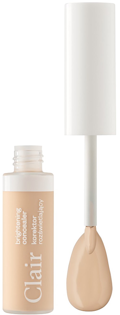 En beige mascara-rør med hvit hette og børste. Røret har hvit tekst.