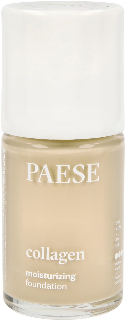 En liten flaska PAESE kollagen återfuktande foundation med vitt lock och beige vätska inuti.