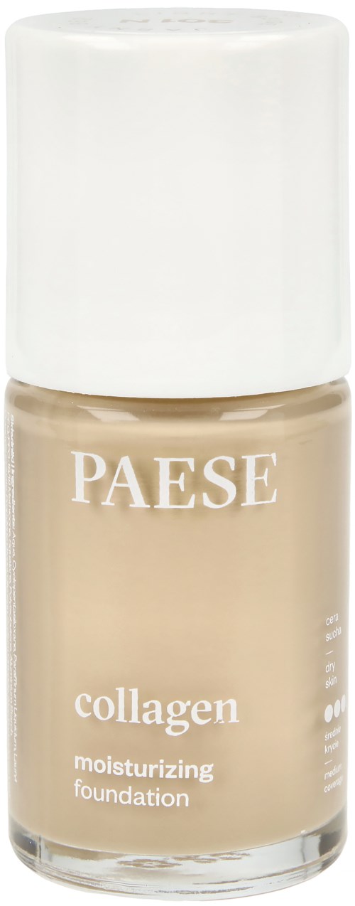 En beige flytande foundation i en klar flaska med vit lock, märkt "PAESE collagen moisturizing foundation."