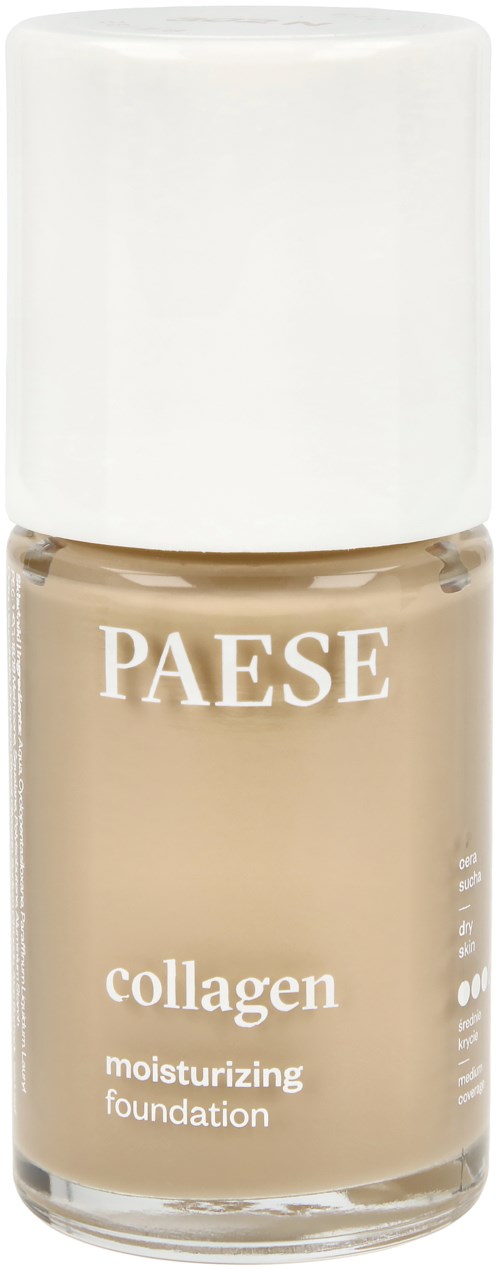 En flaska med beigehudvårdsgrund och vit kork med enkel etikett som säger 'PAESE collagen moisturizing foundation.'
