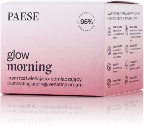 Pink and white box of illuminating and rejuvenating cream, contains 95% natural ingredients, with instructions and ingredients listed.
