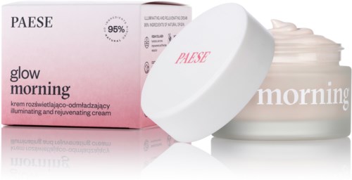 A jar of cream with pink and white packaging, labeled 'Glow Morning' and 'Illuminating and Rejuvenating Cream.'