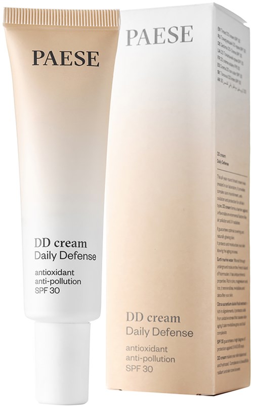 Eine Tube PAESE DD-Creme mit passender Verpackung. Die Creme schützt täglich und hat SPF 30.
