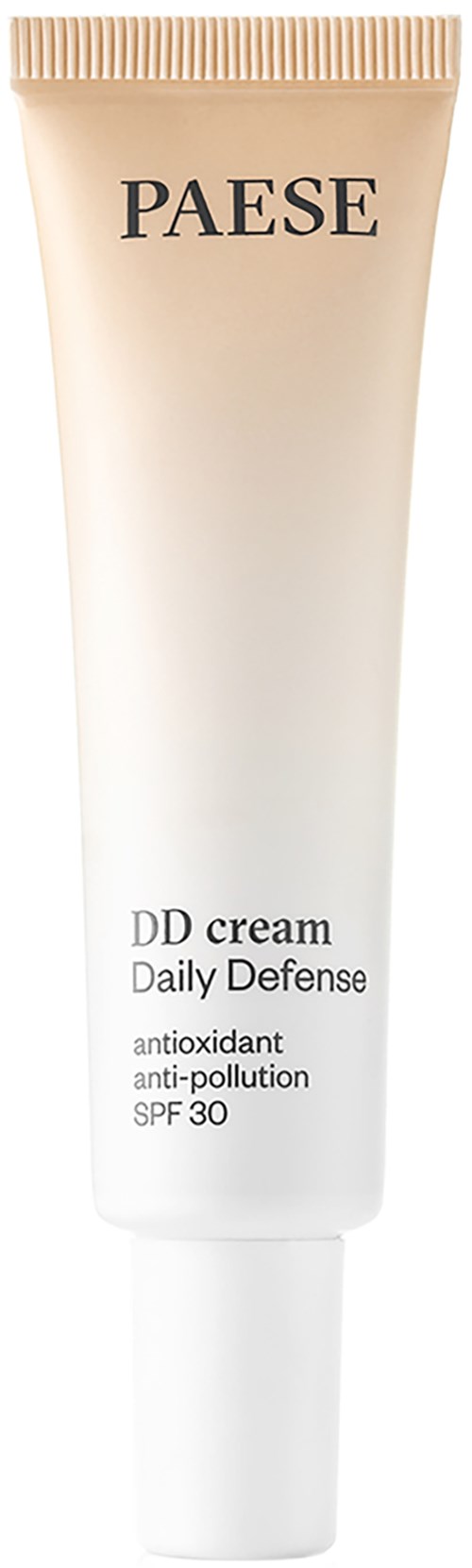 En lång, vit tube med beige topp, märkt 'PAESE DD Cream Daily Defense SPF 30' för hudskydd.