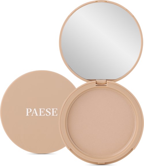 En beige kompaktdose med speil inni, merket "PAESE," som inneholder sminke eller pudder.