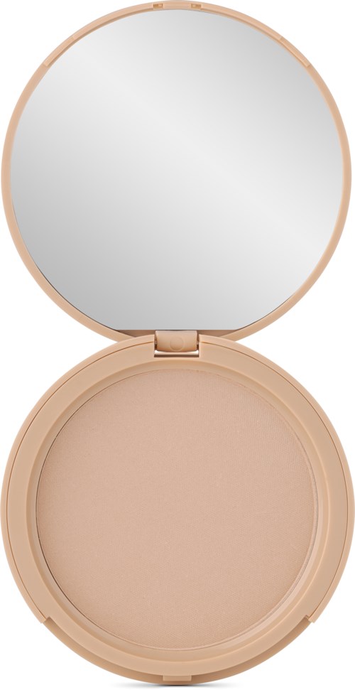En kompakt makeup-pudderboks med speil inni, i en lys beige farge.