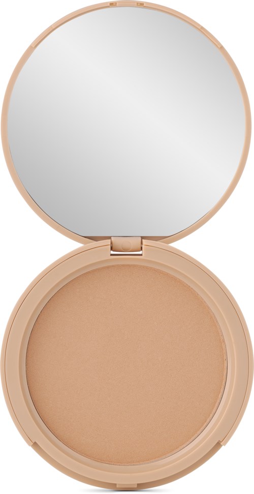 En rund elegant emballasje med beige pudder og innebygd speil åpnes for å vise sminke.


