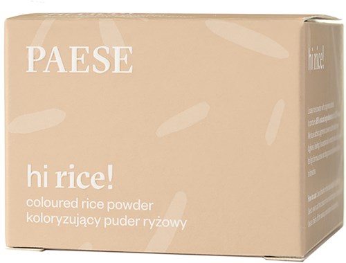 Een beige doos met 'PAESE' en 'hi rice!' en beschrijving van gekleurd rijstpoeder.