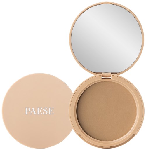 Ein runder Kompakt mit Spiegel und beige Puder innen, Markenname 'PAESE' auf dem Deckel.