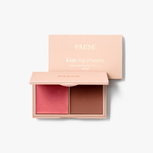 En rosa sminkpalett med to nyanser, en rosa og en brun, i en rosa boks. Boksen er åpen.