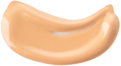 En beige, buet foundationprøve med jevn tekstur og skinnende finish.