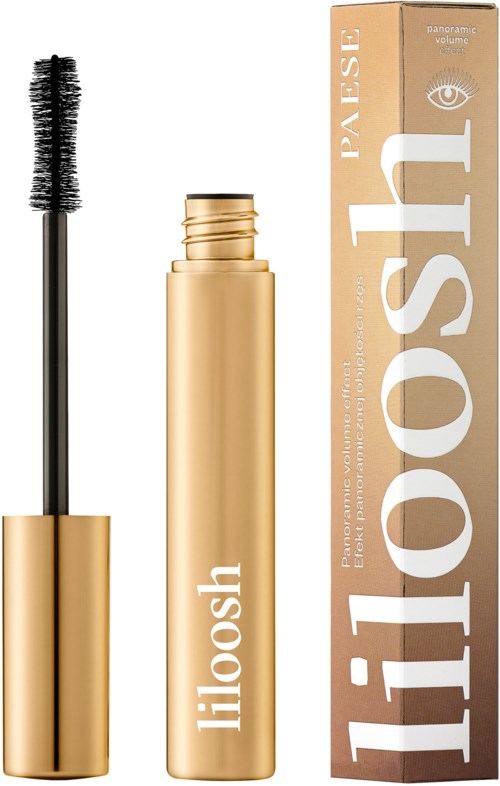Gyllene mascara röret med öppet lock och borste. Förpackning med varumärke och logga bredvid.
