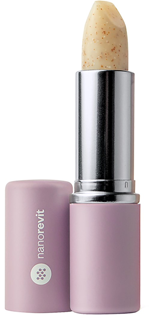 En leppestift med rosa hette og hvitt merke, delvis åpen viser beige leppestift inni.