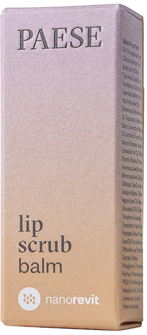 En pastellfarget eske med teksten 'PAESE lip scrub balm' fra Nanorevit. Den er lang og rektangulær.
