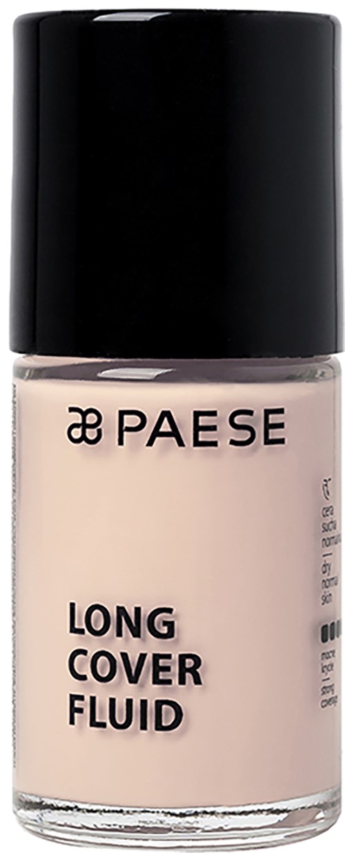 En liten flaske med beige langvarig væske med svart lokk og minimalistisk tekst fra Paese-merket.