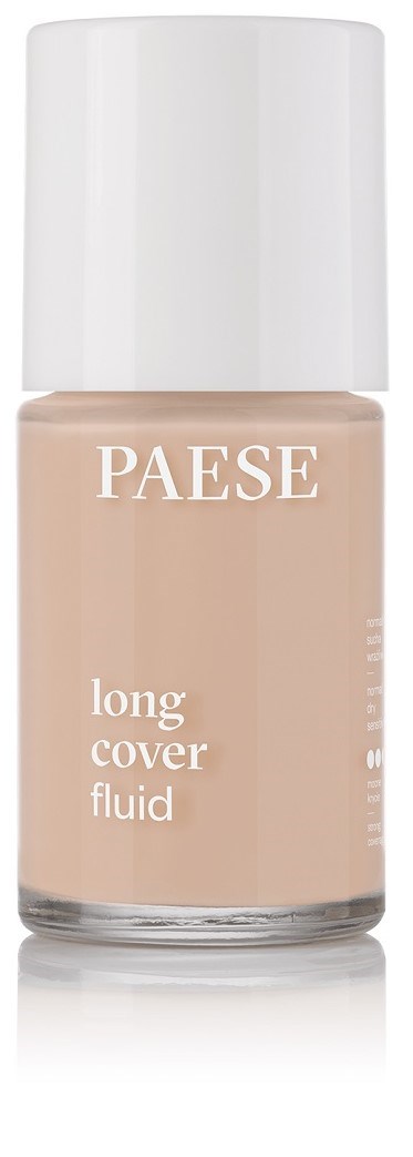 Eine beige Nagellackflasche mit weißem Deckel, beschriftet 'PAESE long cover fluid' für Nägel.