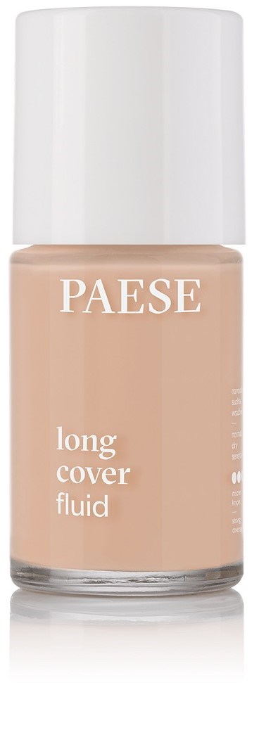 Eine Flasche mit beigem Langzeit-Make-up-Flüssigkeit mit weißem Deckel und schlichten Etiketten.
