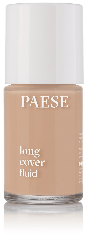 Eine Flasche PAESE long cover fluid, beige Farbe, mit weißem Deckel.