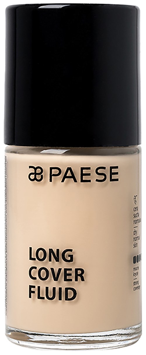 Eine Flasche von Paese Long Cover Fluid Foundation mit schwarzem Deckel und beige Flüssigkeit.
