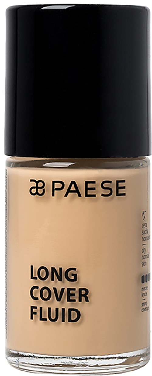 En flaske med PAESE Long Cover Fluid, en beige væske med svart kork.