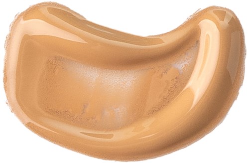 En enkelt, bøyd beige flytende sminkeform med glansfulle og matte områder på hvit bakgrunn.