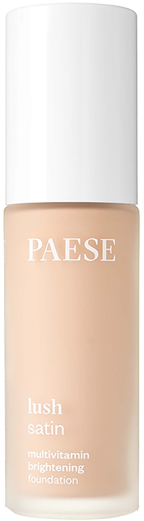 Eine beige Flasche von Paese Lush Satin Foundation mit weißem Verschluss. Es ist eine Multivitamin-aufhellende Foundation.