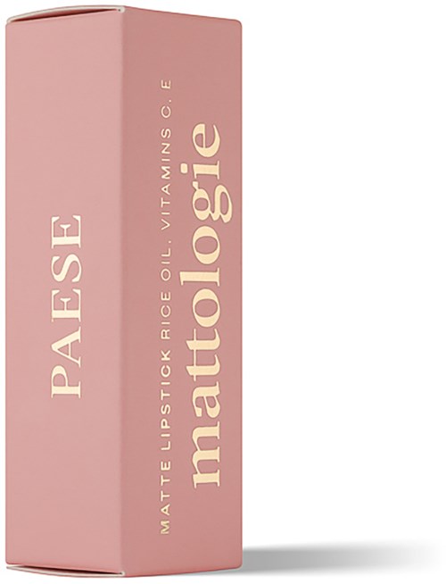 En rosa matt leppestiftpakke med merkenavnet 'matttologie' og produktdetaljer i gullbokstaver.