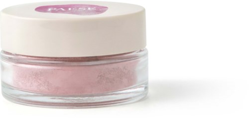 En lille glasbeholder med pink pulver og hvid låg.