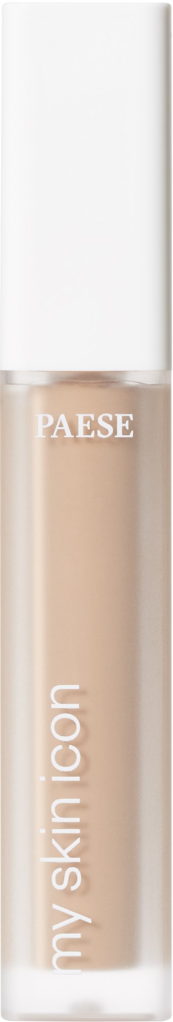 En leppestift eller flytende kosmetikk i et høyt, klart rør med hvit hette, merket 'My Skin Icon' og 'PAESE'.