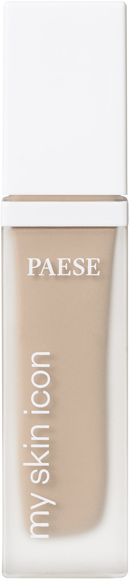 Beige meikkivoidepullon, jossa valkoinen kansi, nimetty 'PAESE my skin icon', seisoo pystyssä.