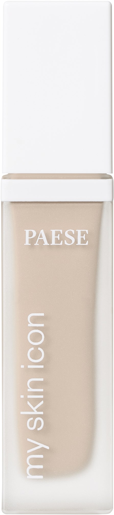 Beige nestemäinen meikkivoide läpinäkyvässä pullossa, jossa on valkoinen korkki, tekstit 'my skin icon' ja 'PAESE'.
