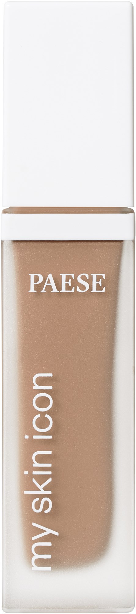 Beigeäva meikkivoidepullo, jossa valkoinen korkki ja valkoinen nauha. Teksti "PAESE my skin icon".