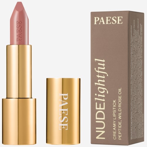 Ein pinkfarbener Lippenstift in Goldhülle und eine Verpackung mit "NUDE** lightful" für ein Lippenprodukt.