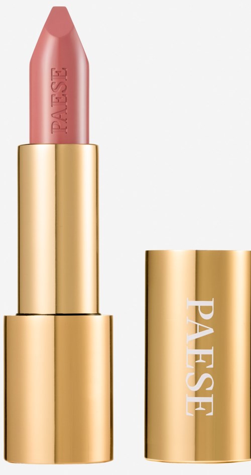 Ein rosa Lippenstift in einer goldenen Hülse mit dem Wort "PALETTE" auf dem Deckel.