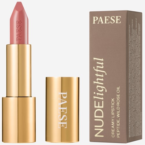 Ein pinker Lippenstift in einem goldenen Gehäuse, ohne Deckel, und eine Schachtel mit der Aufschrift "NUDE delightful" Wildrosenöl.