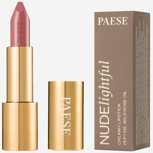 Lippenstift in rosa, in goldener Hülle, mit Verpackung mit der Aufschrift 'Nude and Delightful' und 'Peptide Wild Rose Oil.'