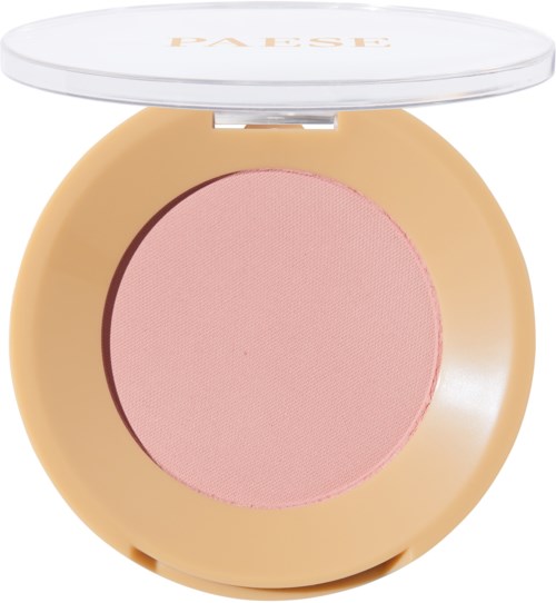 Ein Blush-Kompakt mit pfirsichfarbener Hülle und rosa Puder, mit klarem Deckel.