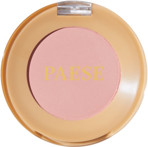 Ein kompakter pinker Rouge mit beigem Gehäuse und der Aufschrift "PAESE".
