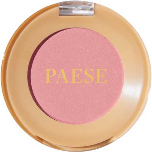 Ein runder Make-up-Blush mit einer pfirsichfarbenen Hülle und rosa Blush, beschriftet mit 'PAESE' in Gelb.