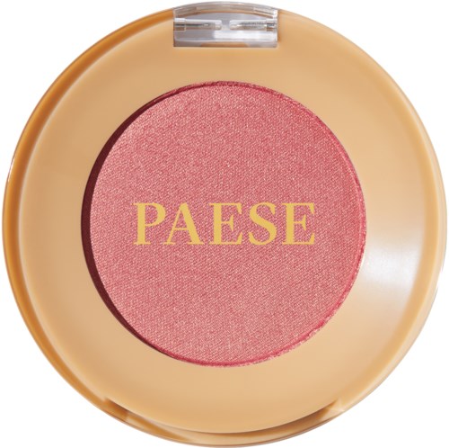 Rosa blush med ordet "PAESE" i gule bokstaver på, i en beige kompaktdings.
