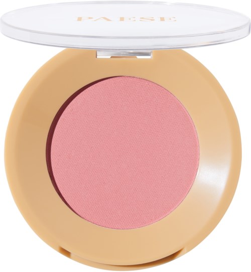 En rund blush i etuiet med beige farge og klart lokk, viser rosa pudders i.