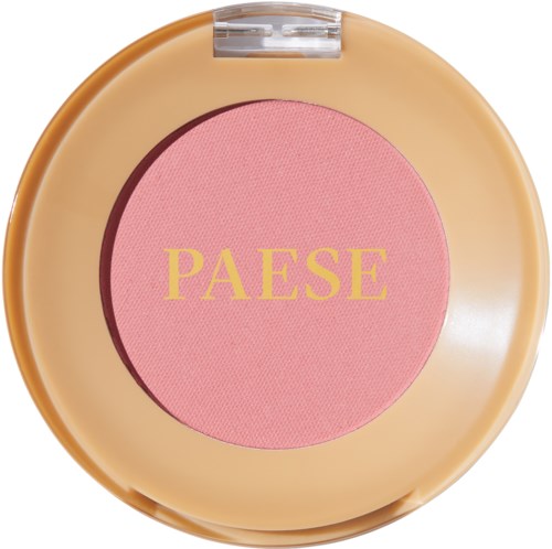 Rosa blush med gul tekst 'PAESE' i en rund kompakteske.