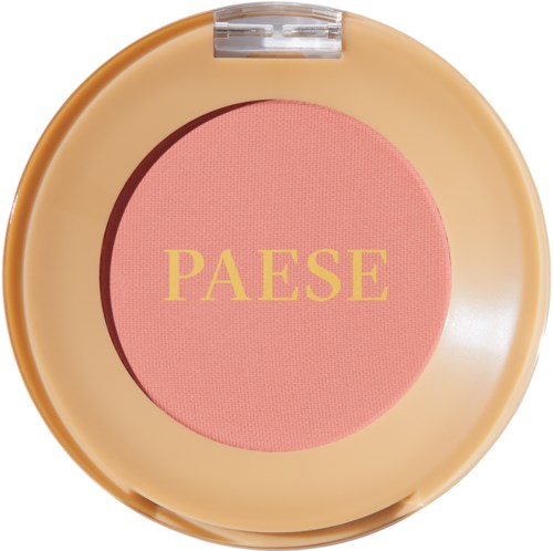 En rund kompakt med rosa rouge og gul tekst som sier 'PAESE' i en beige eske.